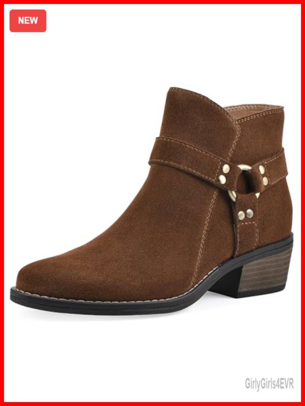 Western Ankle Booties Suede Harness Detail Almond Toe Block Heel